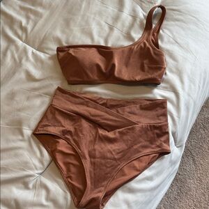 Aerie Brown One-Shoulder Top and Crossover Bottoms Bikini Set